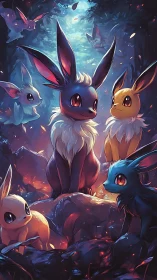 Enchanted fox creatures gather under a glowing forest sky