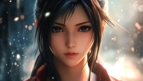 Anime heroine portrait glows within soft winter bokeh.
