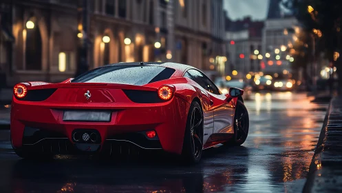 Red mid-engine sports car is parked on wet city street