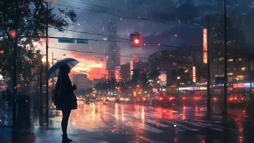 Rain-soaked urban intersection at dusk with silhouetted figure