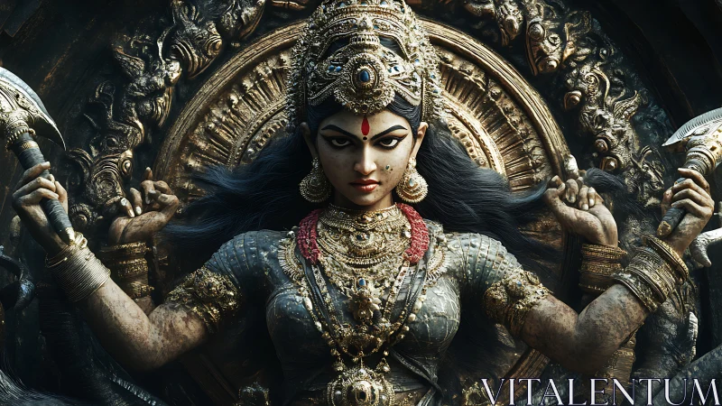 Fierce warrior goddess stands radiant in ornate golden armor
