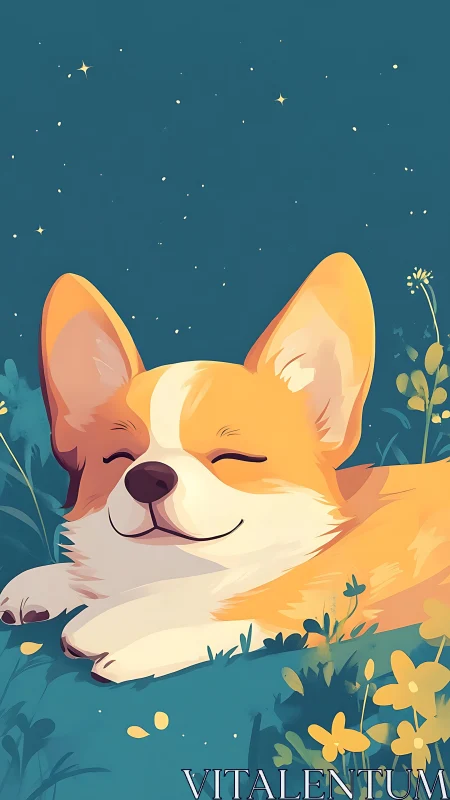 Sleeping corgi illustration under stylized night sky in meadow
