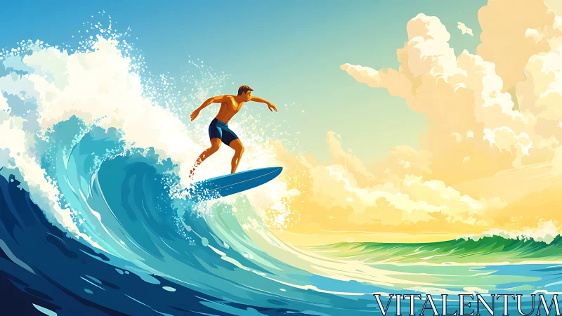 Surfer rides a glowing wave beneath a radiant sunset sky