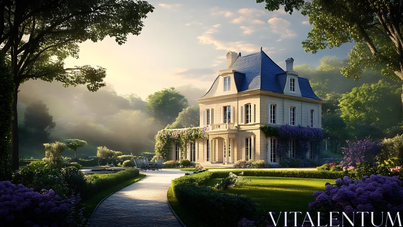 Classical manor house in landscaped garden at sunrise.