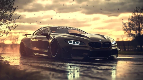 Low-slung black sports coupe under cinematic storm light.