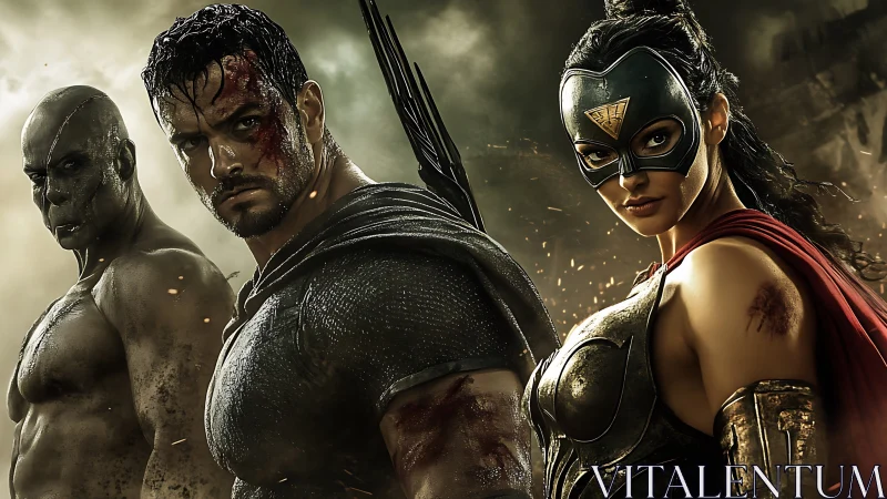 Armored superheroes and warrior in dramatic battle scene.