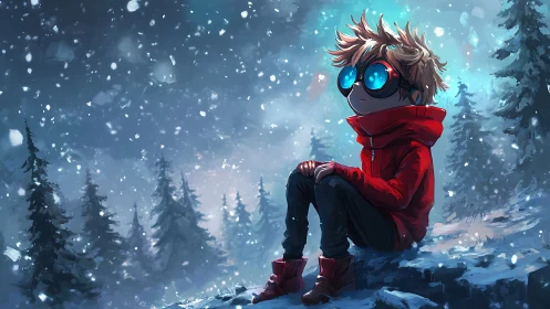 Snowfield observer with oversized chromatic goggles, seated.