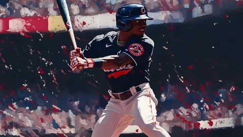 Brushstroke slugger coils for impact in electric ballpark storm.