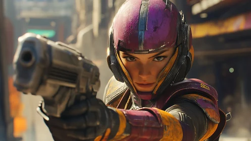 Photorealistic cyberpunk sharpshooter in urban close-up framing.