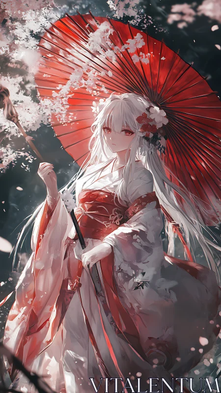 White haired woman in red kimono stands under red umbrella