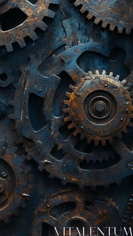 Corroded interlocking steel gear train with oxidized patina texture