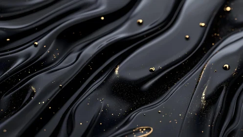 Elegant Black Liquid Waves with Gold Accents, Abstract Art Style.