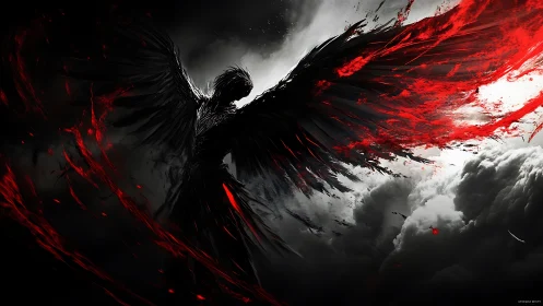 High-contrast winged silhouette bursts through storm clouds in red