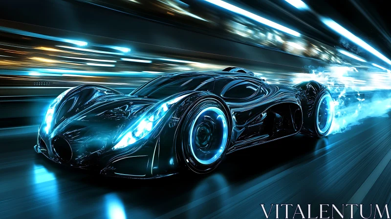 Midnight neon racer streaking through a glowing tunnel.