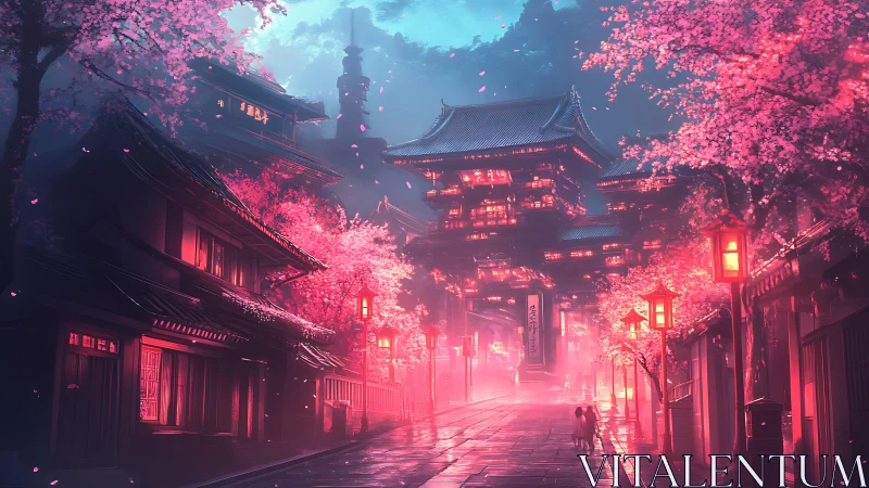 Neon lit cherry blossom avenue toward tiered Japanese temple
