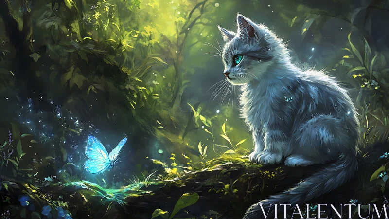 Luminous Encounter: White Cat with Turquoise Eyes and Bioluminescent Butterfly in Enchanted Forest.