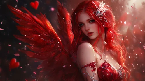 Scarlet winged enchantress glows amid drifting petals of love.
