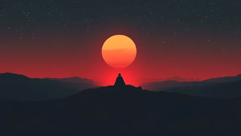 Solitary figure watches oversized sunset over dark hills