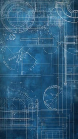 Mechanical blueprint schematic on distressed blue field.