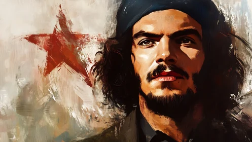 Revolutionary portrait merges bold red star and defiant gaze.