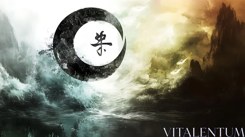 Monochrome zen circle merges storm sea and burning sky.