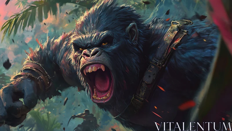 Roaring jungle guardian charging through wild, vivid chaos.