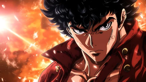 Intense anime warrior portrait under high-contrast fiery backlight