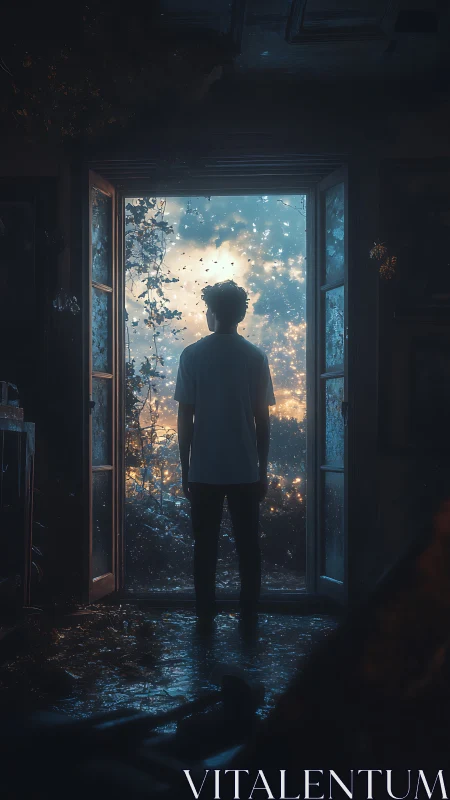 Silhouetted figure faces glowing storm beyond open doors.