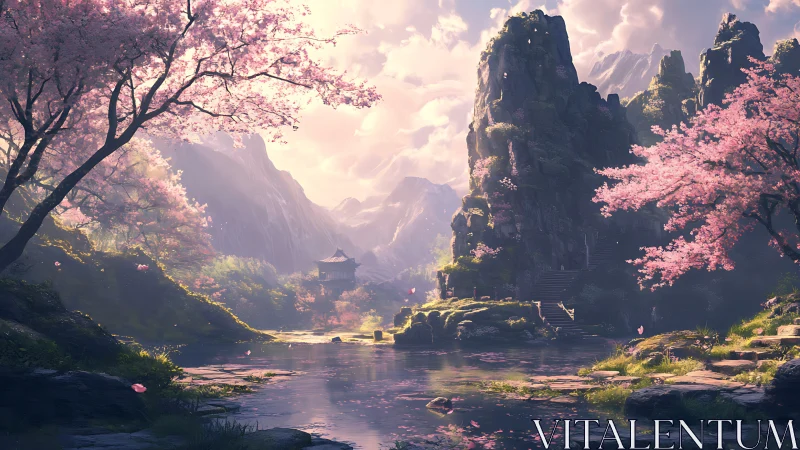 Serene mountain temple amid glowing cherry blossoms at dusk.
