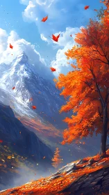 Mountain slope with autumn tree and distant snowy peak