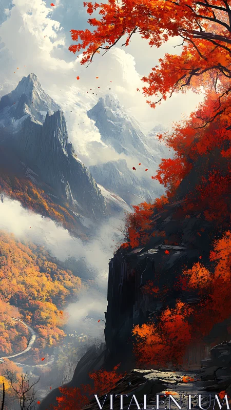 Autumn cliff path above misty snow peaks at sunrise.