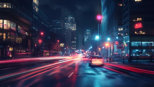 Night city street shows long exposure traffic light trails