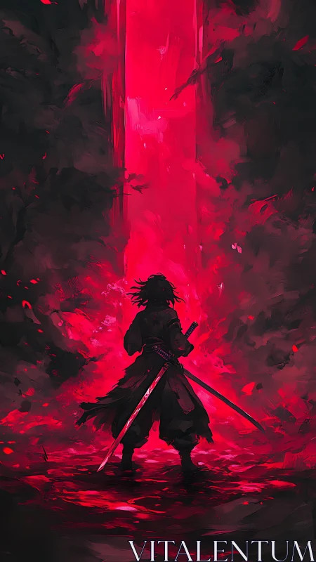 Silhouetted swordsman stands before vertical red light column