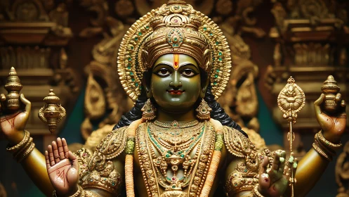 Ornate multiarmed Hindu deity statue with detailed gold adornment