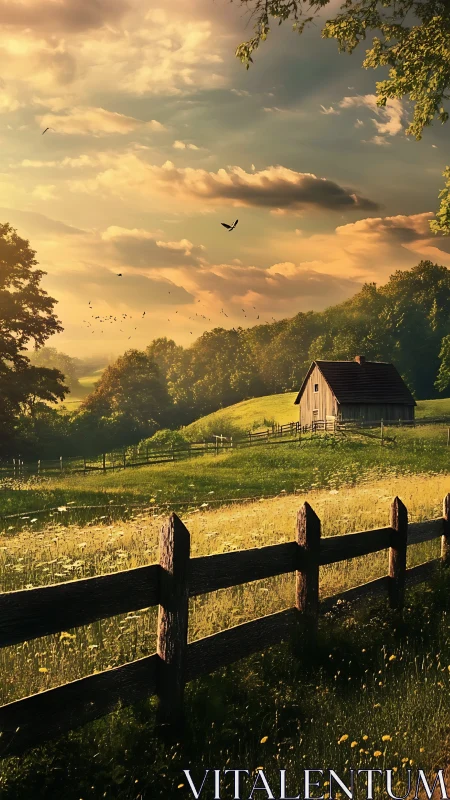 Golden hour rural meadow with wooden fence and cottage barn