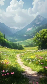 Mountain valley trail through sunlit wildflower meadow landscape