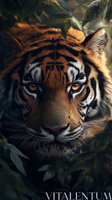Tiger face fills dense jungle frame with intense golden gaze
