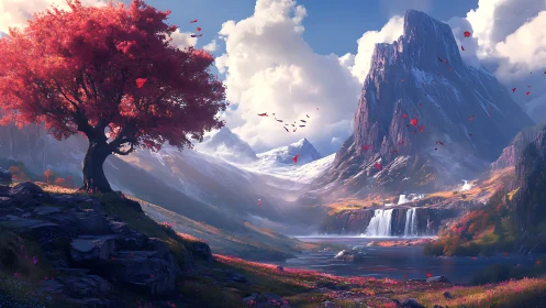 Crimson tree beside glacial valley waterfall under sculpted clouds.