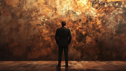 Quiet moment before a glowing wall of golden possibilities.