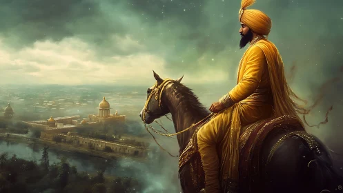 Turbaned rider on decorated horse surveys distant domed city