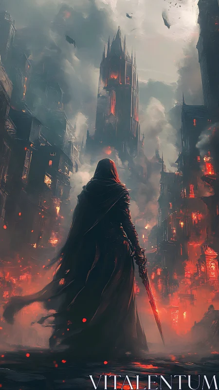 Cloaked figure stands before burning towers in dense smoke