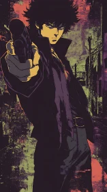 Neo-noir anime gunman framed in gritty urban alleyway.