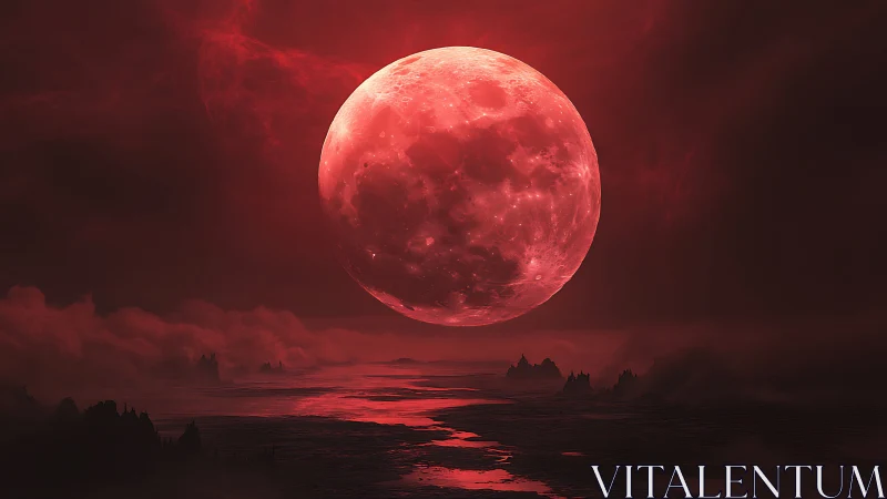 Large red moon illuminates a dark, fog-covered seascape