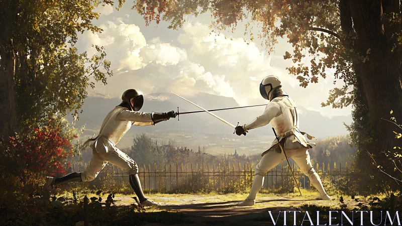 Sunlit duel between fencers in an autumn garden setting.
