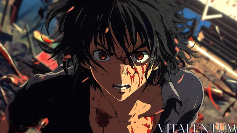 Blood-splattered anime fighter advances through dynamic, debris-filled chaos