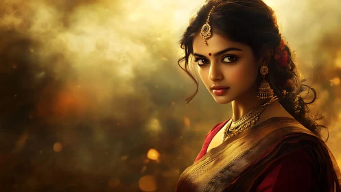 Regal Indian woman stands in warm golden cinematic light