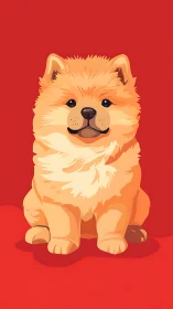 Flat vector illustration of fluffy dog on uniform red ground.