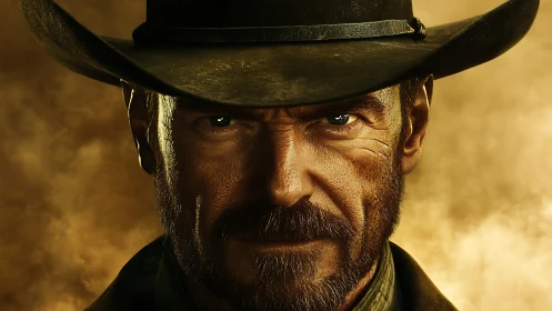 Weathered cowboy face fills frame with intense direct stare