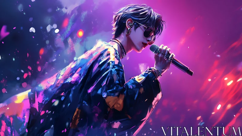 Digital vocalist portrait under neon concert lights.