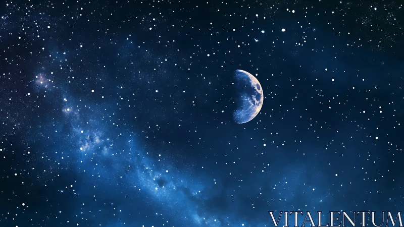 Gentle crescent moon drifting through a starry blue night.